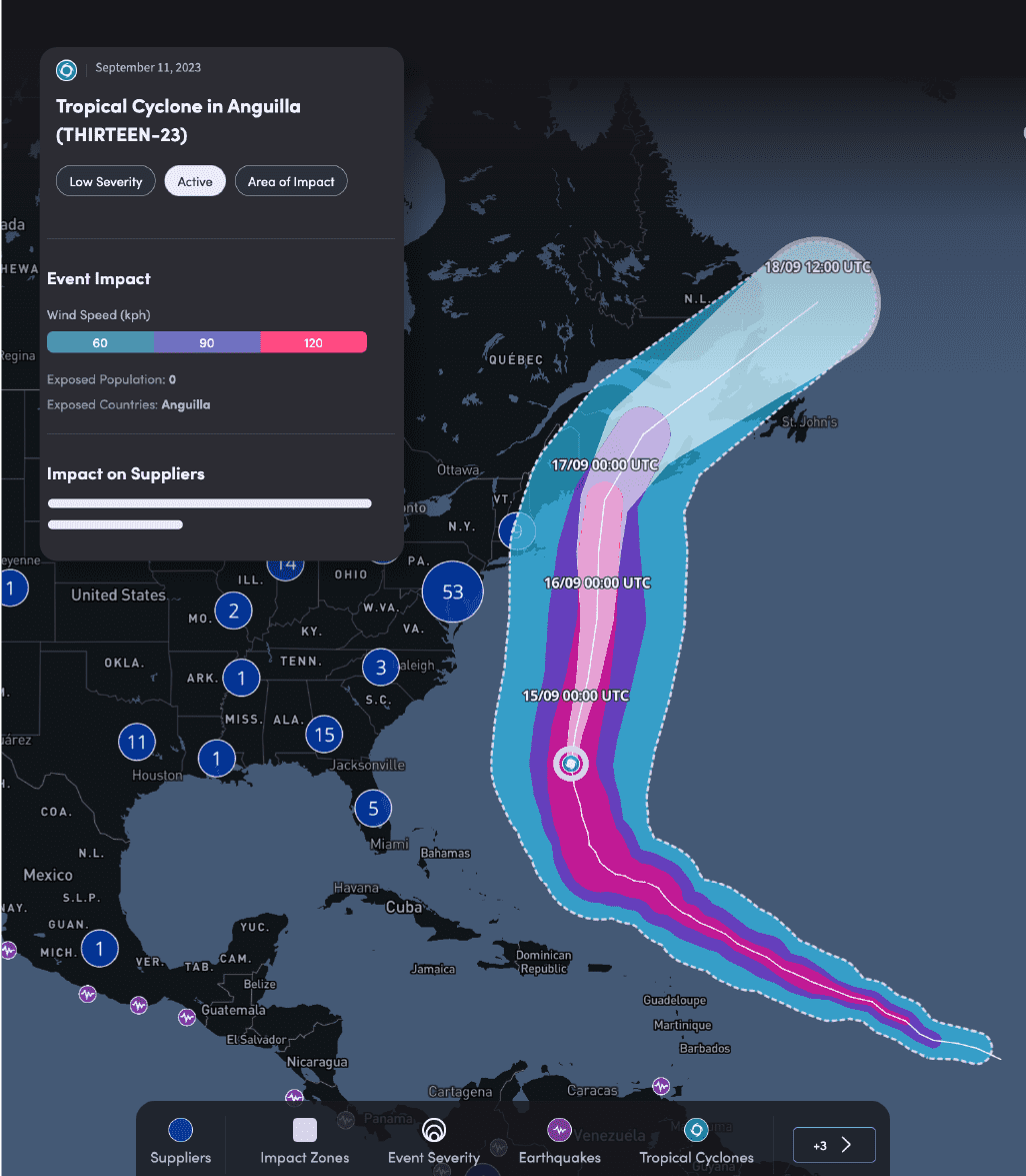 Catastrophic risk map visualization showing tropical cyclone impact on suppliers