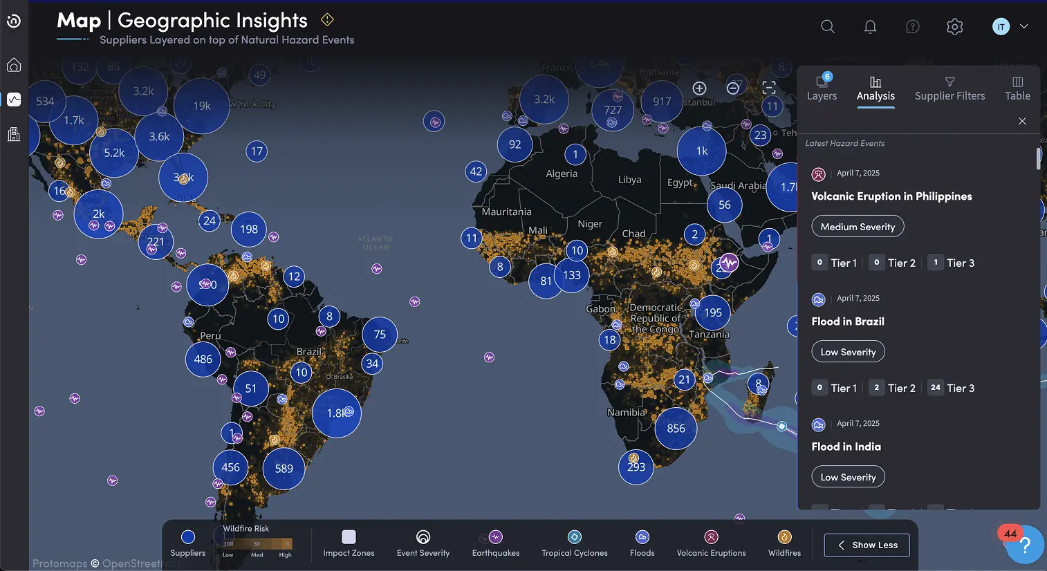 Geographic Insights Map showing supply chain risk monitoring